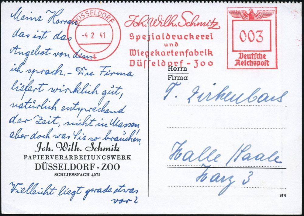 DÜSSELDORF/ 4/ Joh.Wilh.Schmitz/ Spezialdruckerei/ U./ Wiegekartenfabrik.. 1941 (4.2.) AFS Auf Reklame-Kt. Für Adress-An - Other & Unclassified