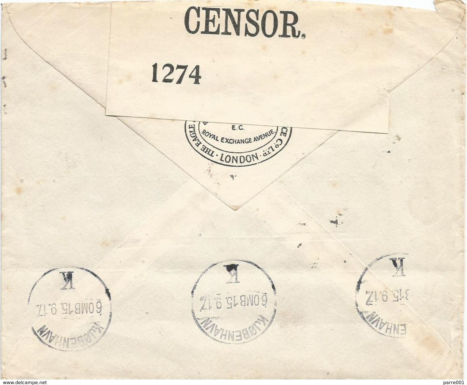 UK 1917 London Perfin 'BDGI' British Dominions General Insurance Co Ltd Censored Cover To Copenhagen Denmark - Perfins