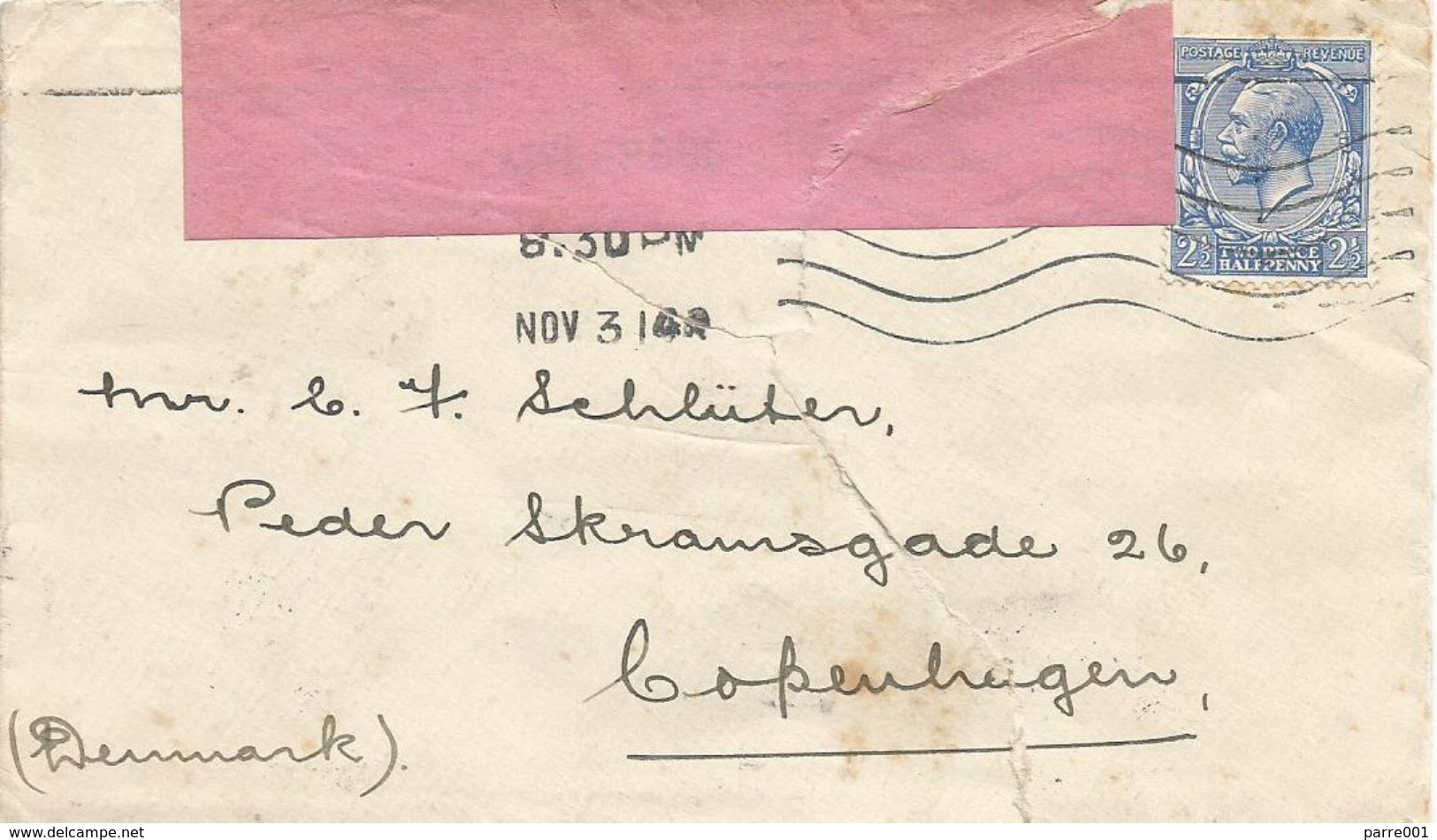 UK 1914 London Censored Cover Pink Censorship Label To Copenhagen Denmark - Marcofilia