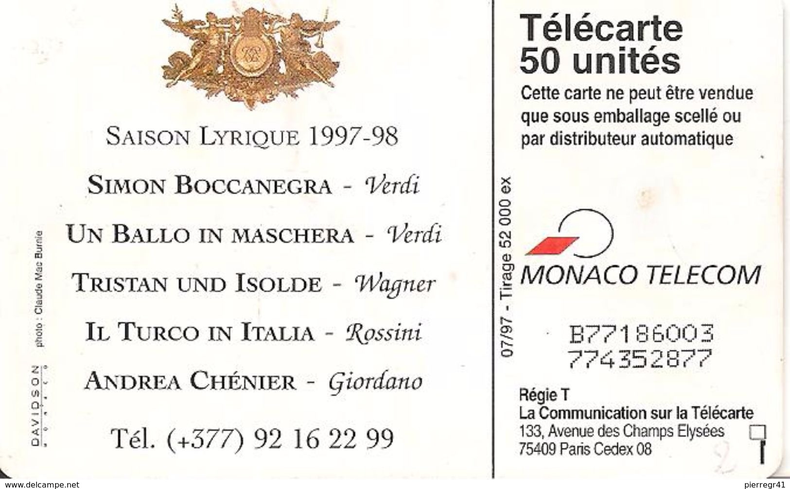 CARTE-PUBLIC-MONACO-50U-MF46-GEM B-07/97-OPERA DE MONTE CARLO-Série 6003-UTILISE-TBE - Monace
