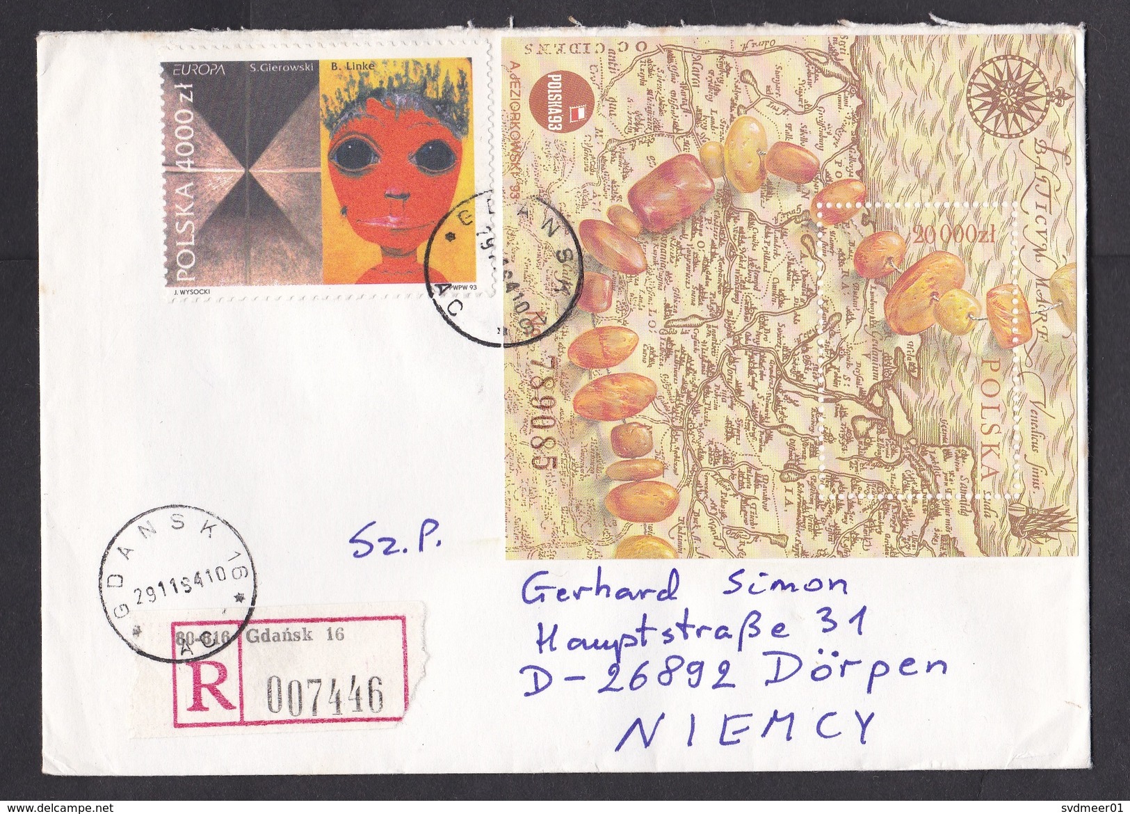 Poland: Registered Cover To Germany, 1994, 2 Stamps, Souvenir Sheet, Map Baltic Sea, Amber, Modern Art (traces Of Use) - Covers & Documents