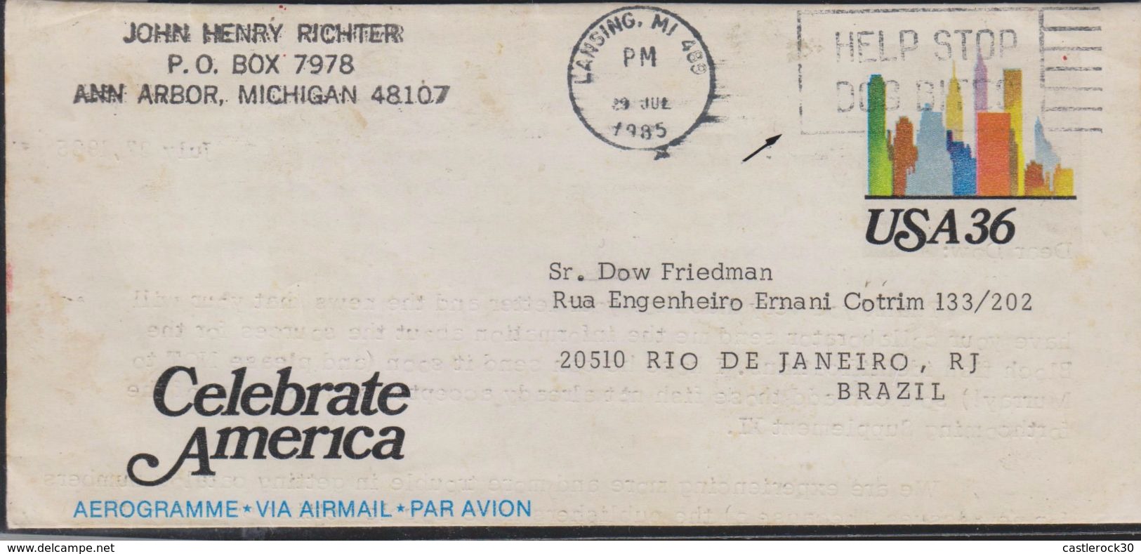 O) 1985 UNITED STATES - USA, URBAN SKYFINE -HELP STOP DOD BITES, CELEBRATE AMERICA, AEROGRAMM , FORM LANSING, TO BRAZIL - Sonstige & Ohne Zuordnung