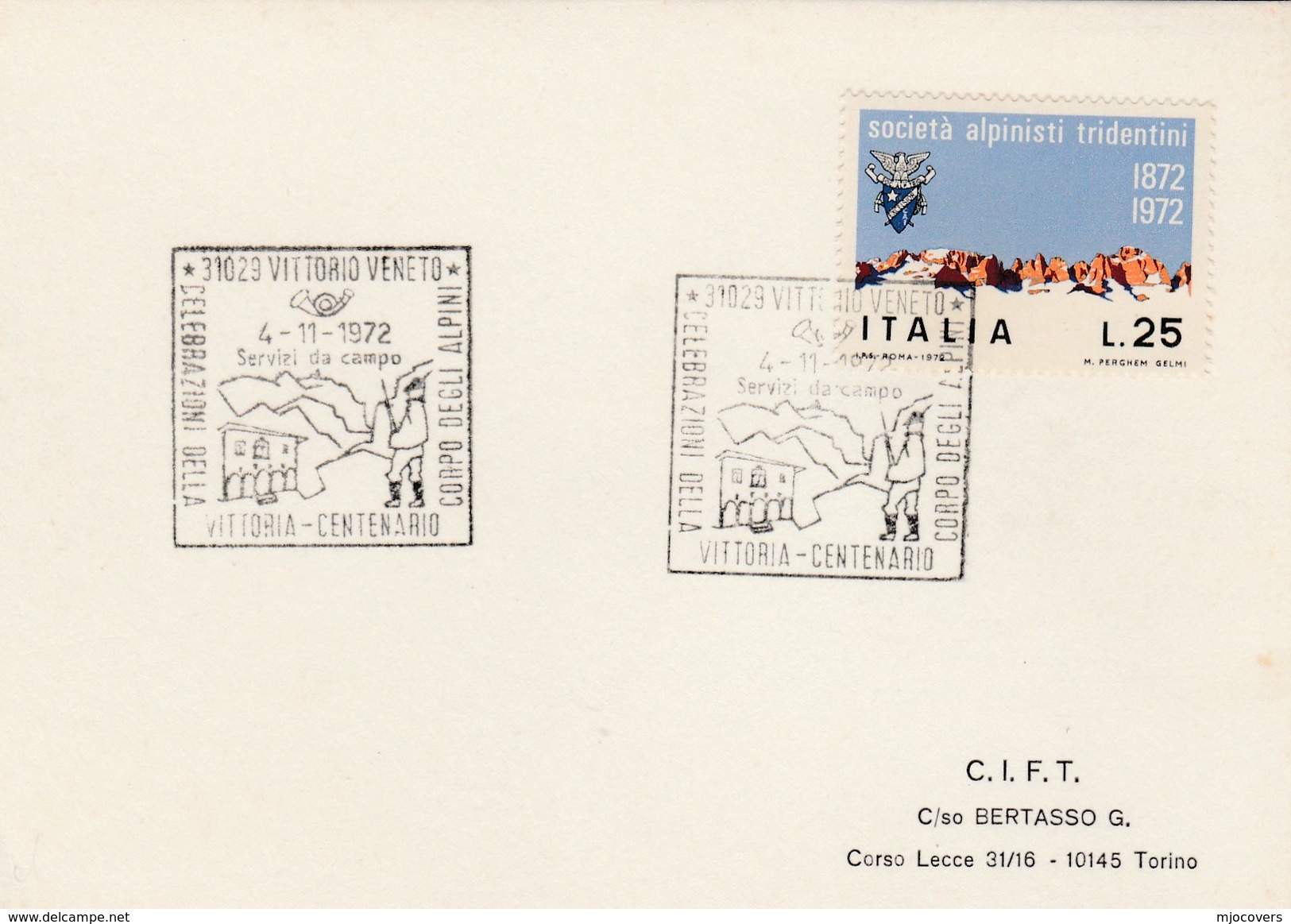 1972  Vittorio CORPO DELGLIA ALPINI  EVENT COVER Card Italy Stamps Alpine Mountain Climbing Mountaineering Military - Climbing