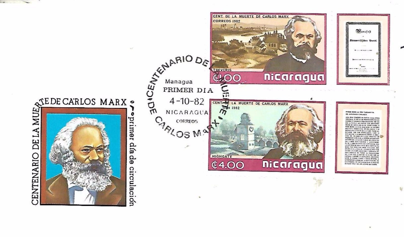 NICARAGUA  MANAGUA  Centenaire De La Mort D  Karl Marx 1818/1883  4/10/82 - Karl Marx