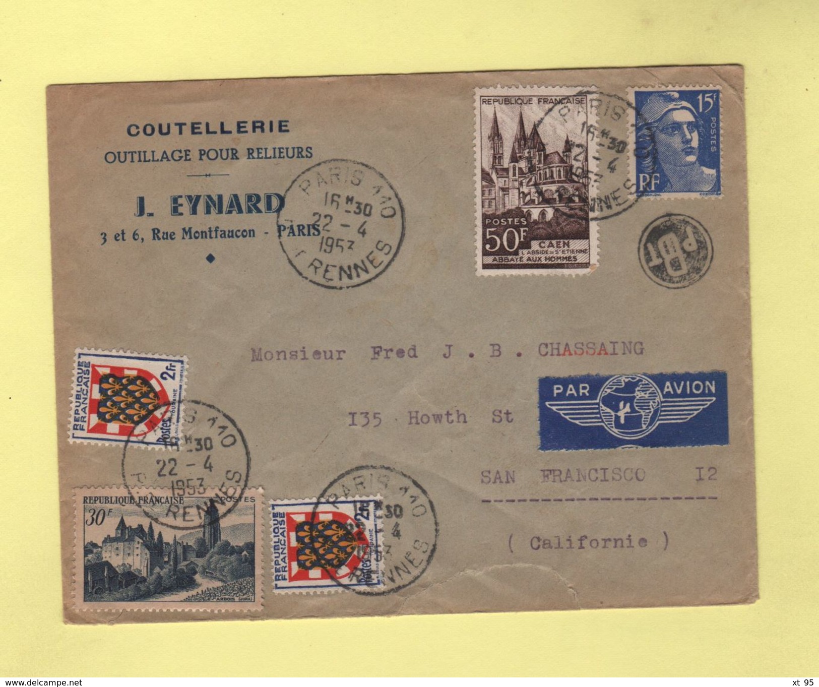 Paris Destination Californie - 22-4-1953 - 1960-.... Lettres & Documents