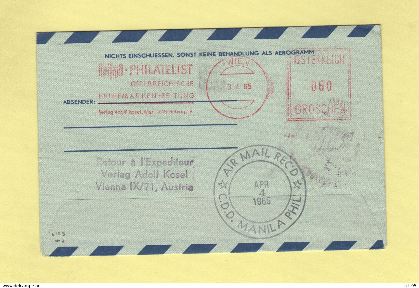 Aerogramme Wien 101 - Philippines - 3-4-1965 - Sonstige & Ohne Zuordnung