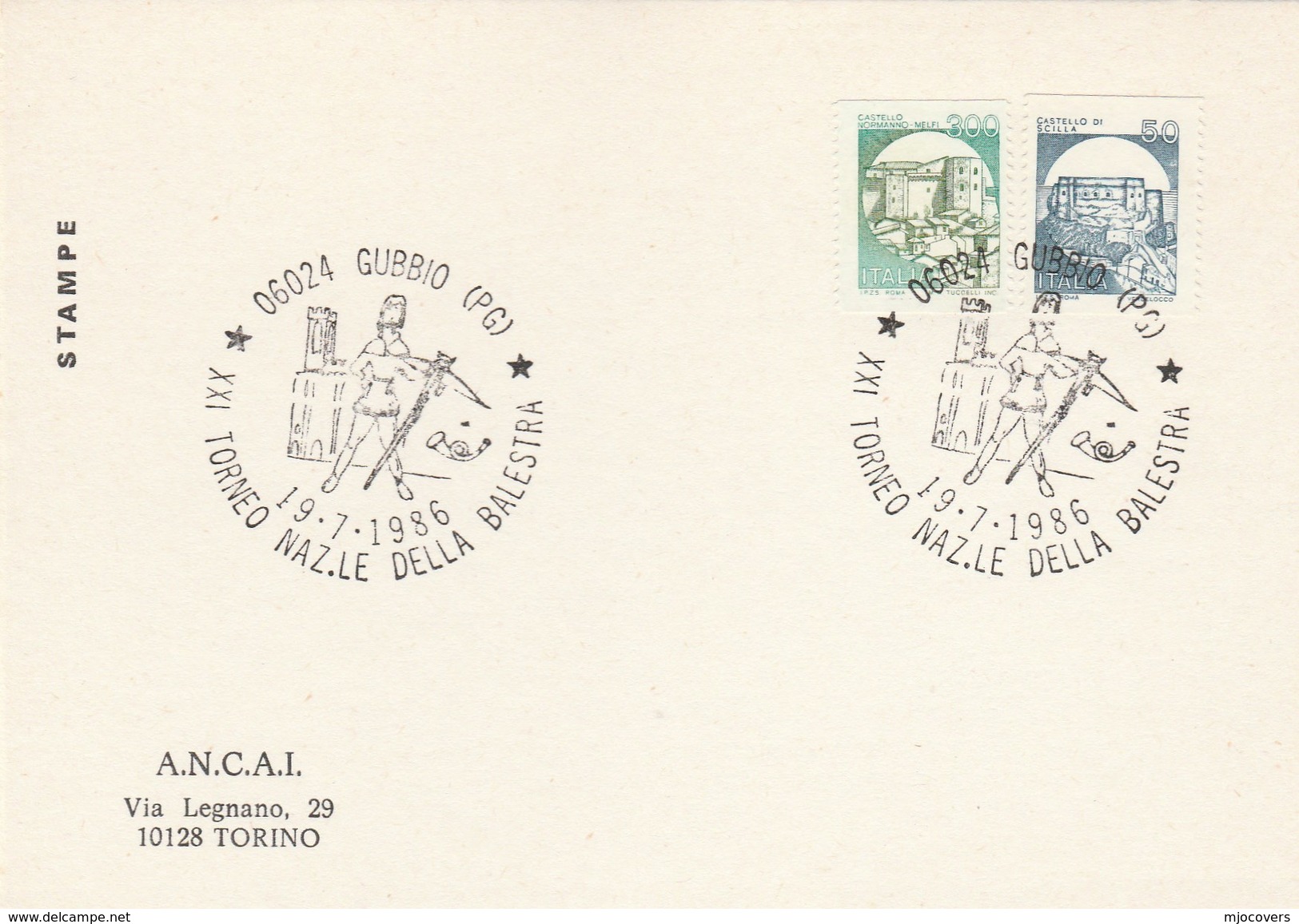 1986 GUBBIO Italy ARCHERY EVENT CARD Cover Stamps Sport - Archery