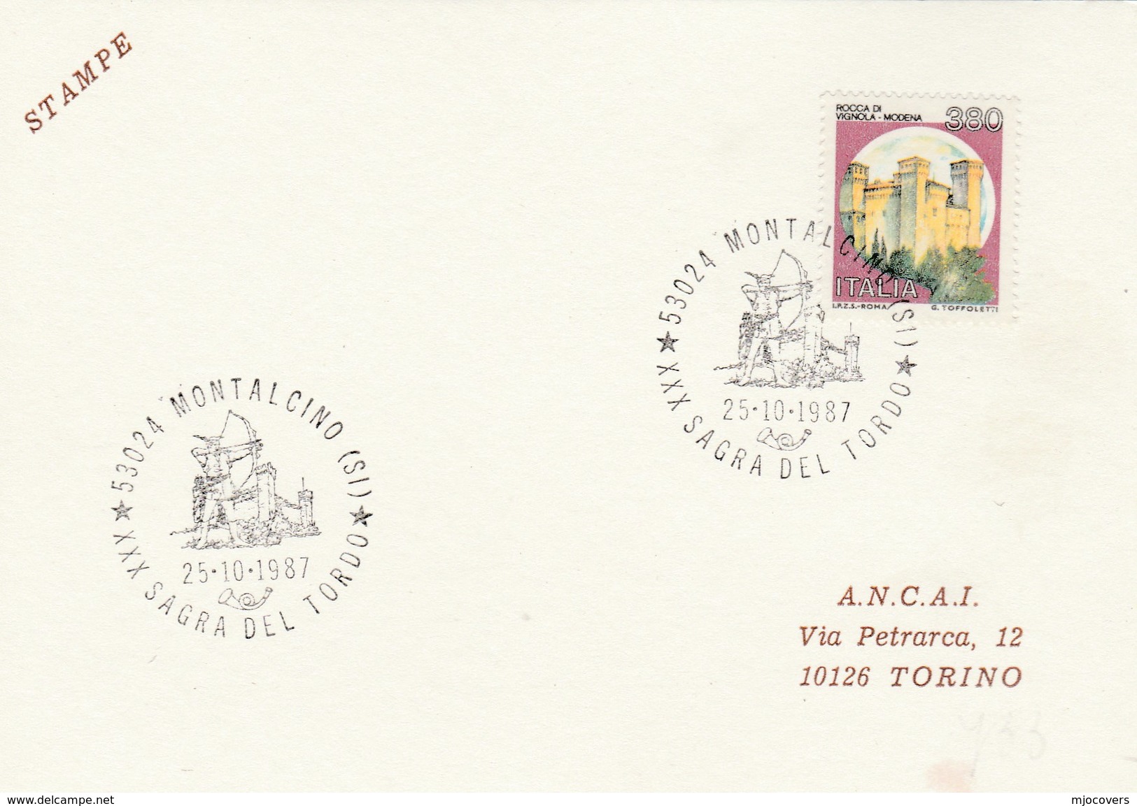 1987 MONTALCINO Italy ARCHERY EVENT CARD Cover Stamps Sport - Archery