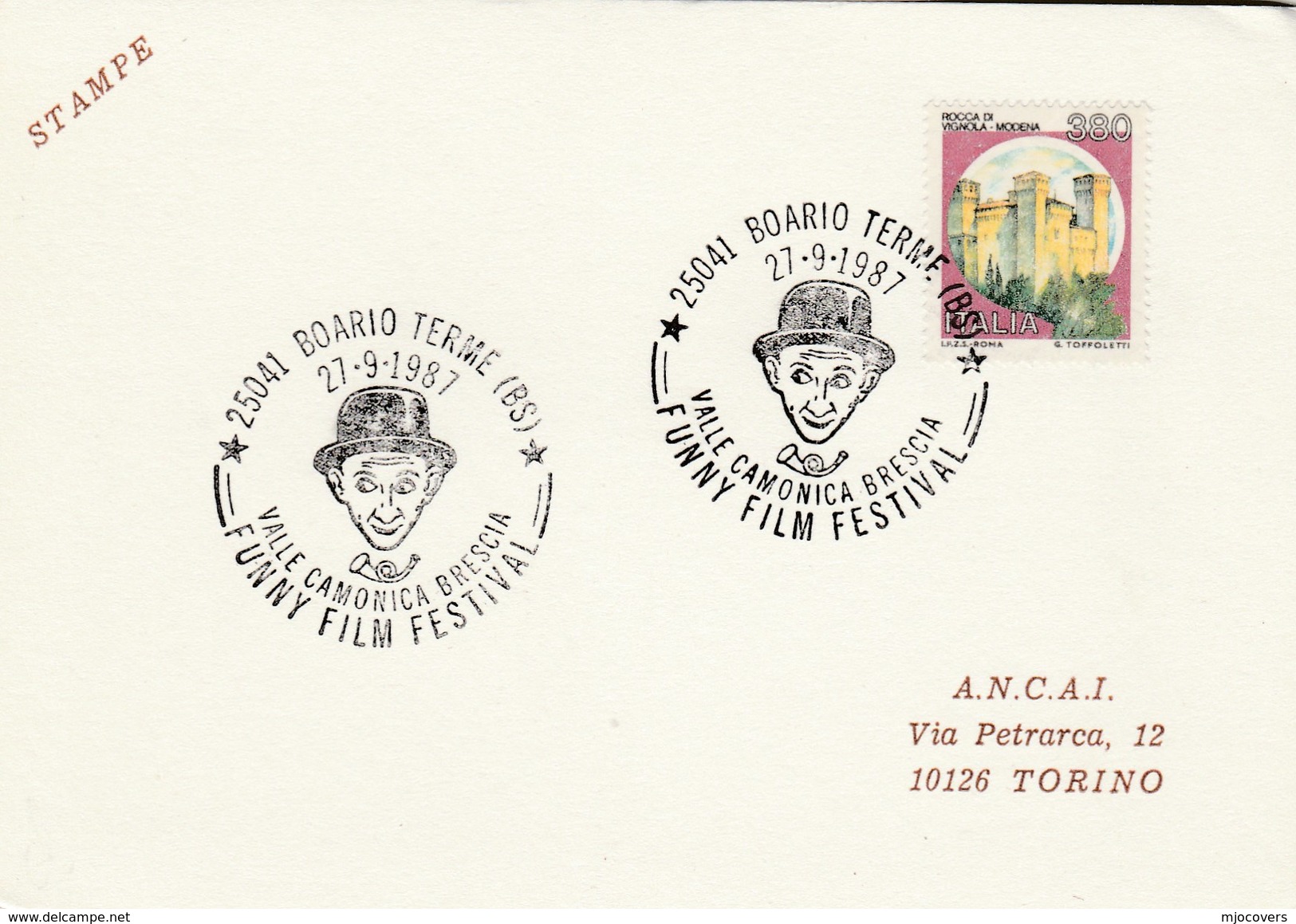 1987 Boario Terme FUNNY FILM  FESTIVAL EVENT COVER  Card Italy Cinema  Movie Stamps - 1981-90: Marcophilia