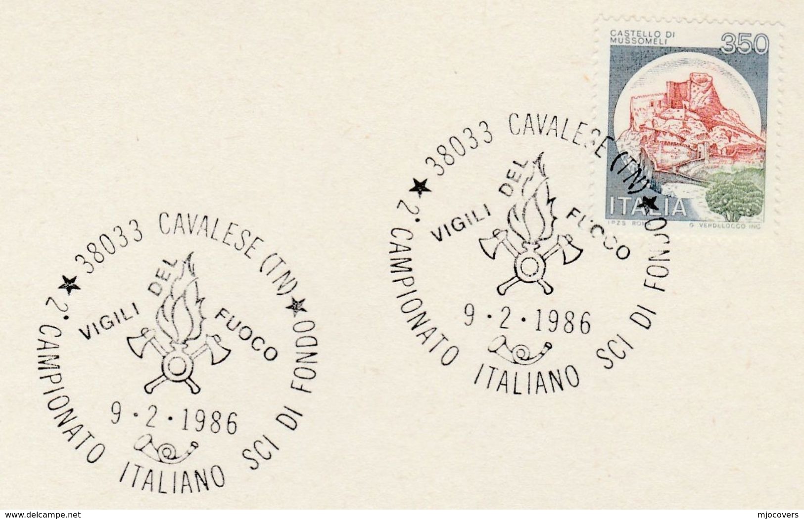 1986 The FIREFIGHTERS Cross Country SKIING EVENT COVER Card CAVALESE ITALY  Firemen Firefighting  Ski Sport Stamps - Firemen