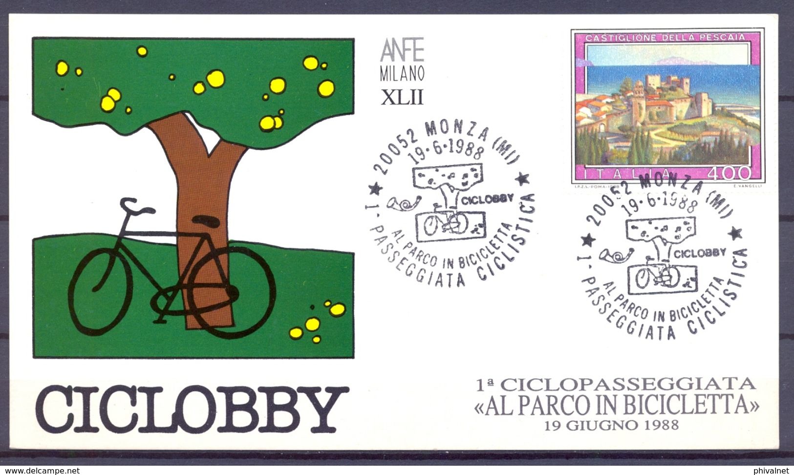 1988 , ITALIA , MONZA , TARJETA CON MATASELLOS CONMEMORATIVO " AL PARCO IN BICICLETTA " , CICLISMO , BICICLETAS , VÉLO - Radsport