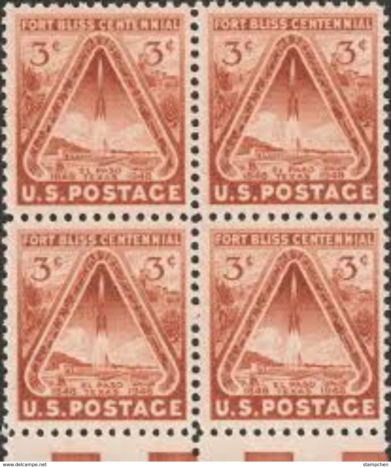 Block 4 With Margin– 1948 USA 100 Years  "Fort Bliss" Texas Stamp Sc#976 Rocket Space - USA