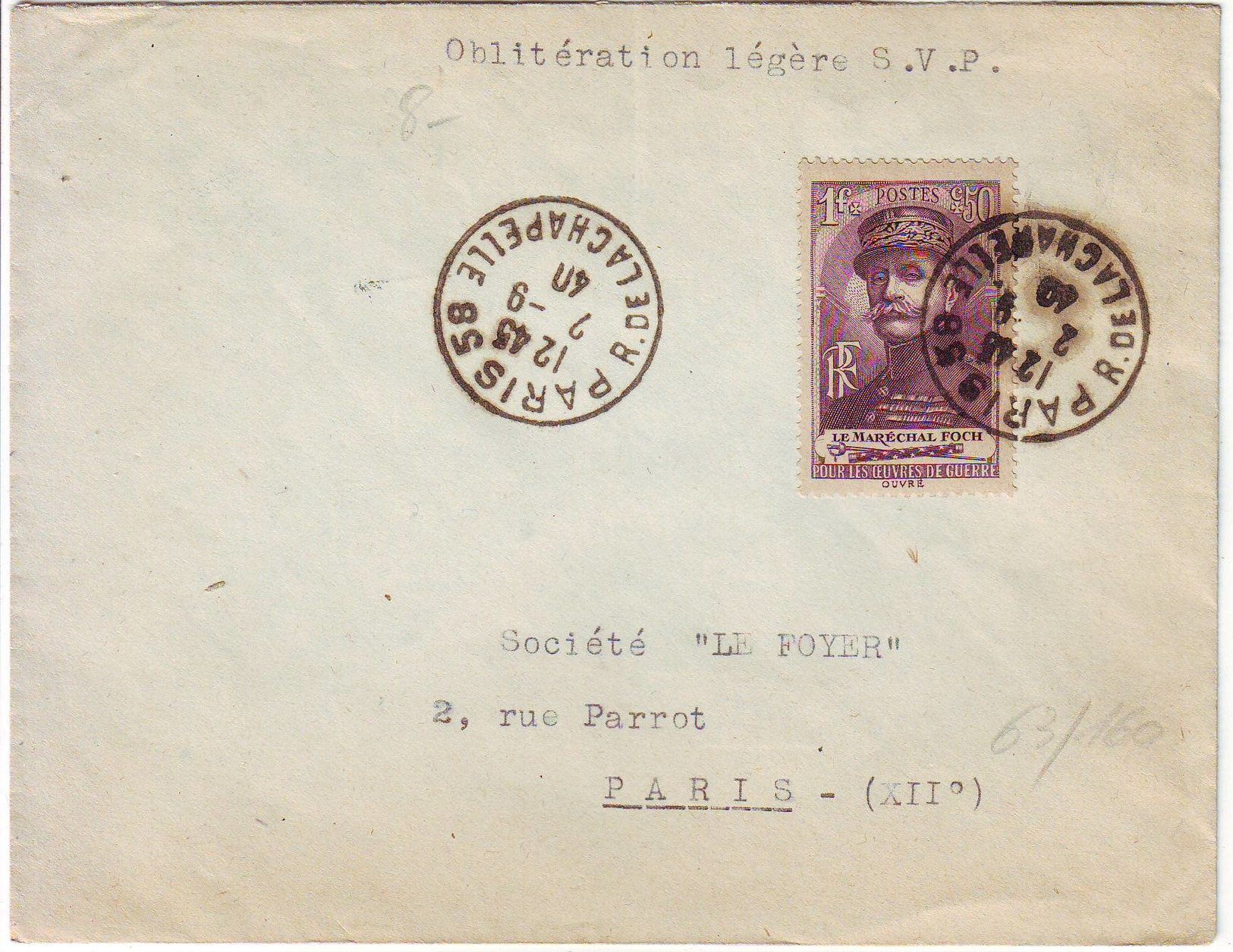 Timbre N° 455 Marechal FOCH , SEUL SUR LETTRE Paris 2 Septembre 1940 , RARE !!!! - 1921-1960: Période Moderne