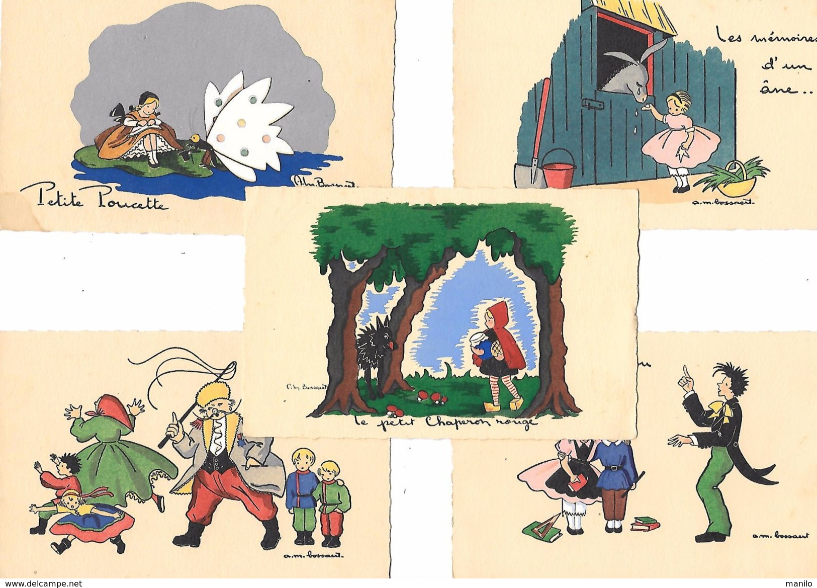 5 Cartes CONTES Et LEGENDES - AM.BOSSAERT -Gl DOURAKINE, PETITE POUCETTE, LE BOSSU,CHAPERON ROUGE,MEMOIRES D'UN ANE 1954 - Fairy Tales, Popular Stories & Legends