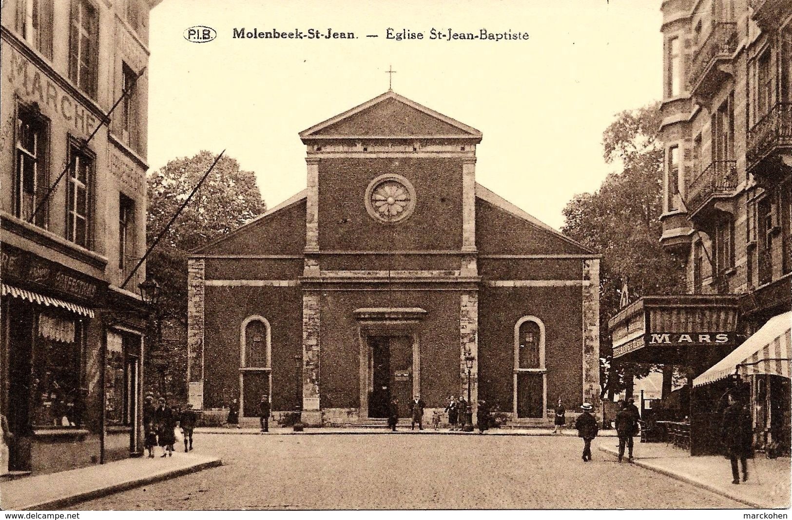 BRUXELLES (1080) - Religion : Eglise St-Jean-Baptiste Et Environs. Belle Petite Animation. Commerces. CPA. - Molenbeek-St-Jean - St-Jans-Molenbeek