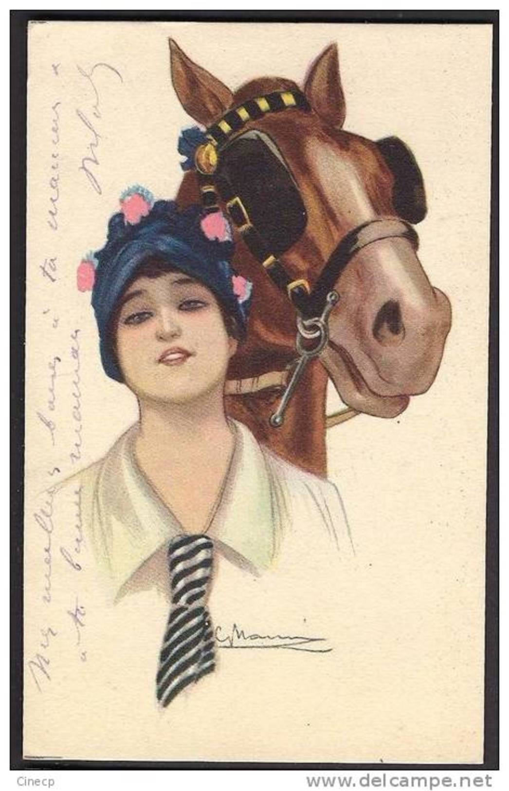 Belle CPA Illustrée Signée NANNI - Femme à La Cravate Et Cheval - Chapeau Art Déco - Nanni