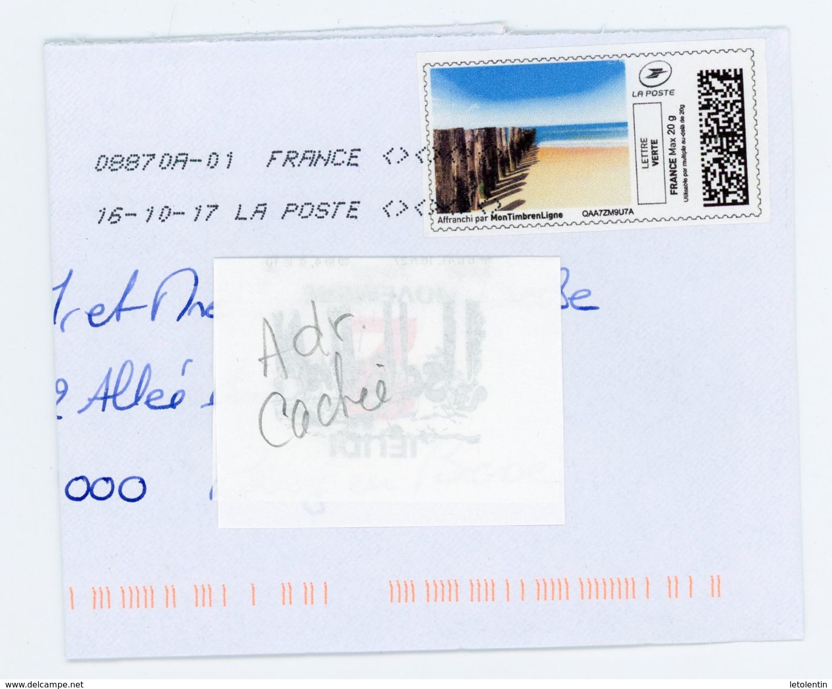 FRANCE - MONTIMBRENLIGNE -  VIGNETTE SUR ENVELOPPE COMM. PLIÉE - 20gr LETTRE VERTE "PLAGE " - Otros & Sin Clasificación