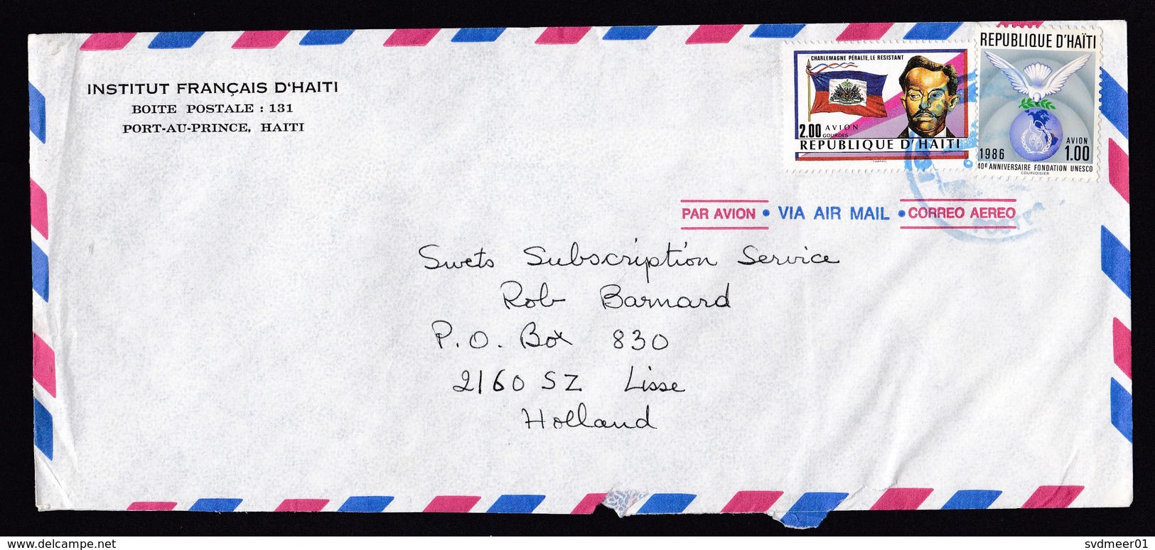 Haiti: Airmail Cover To Netherlands, 2 Stamps, Unesco, Peace Pigeon, Péralte, Flag, Rare Real Use (roughly Opened) - Haïti