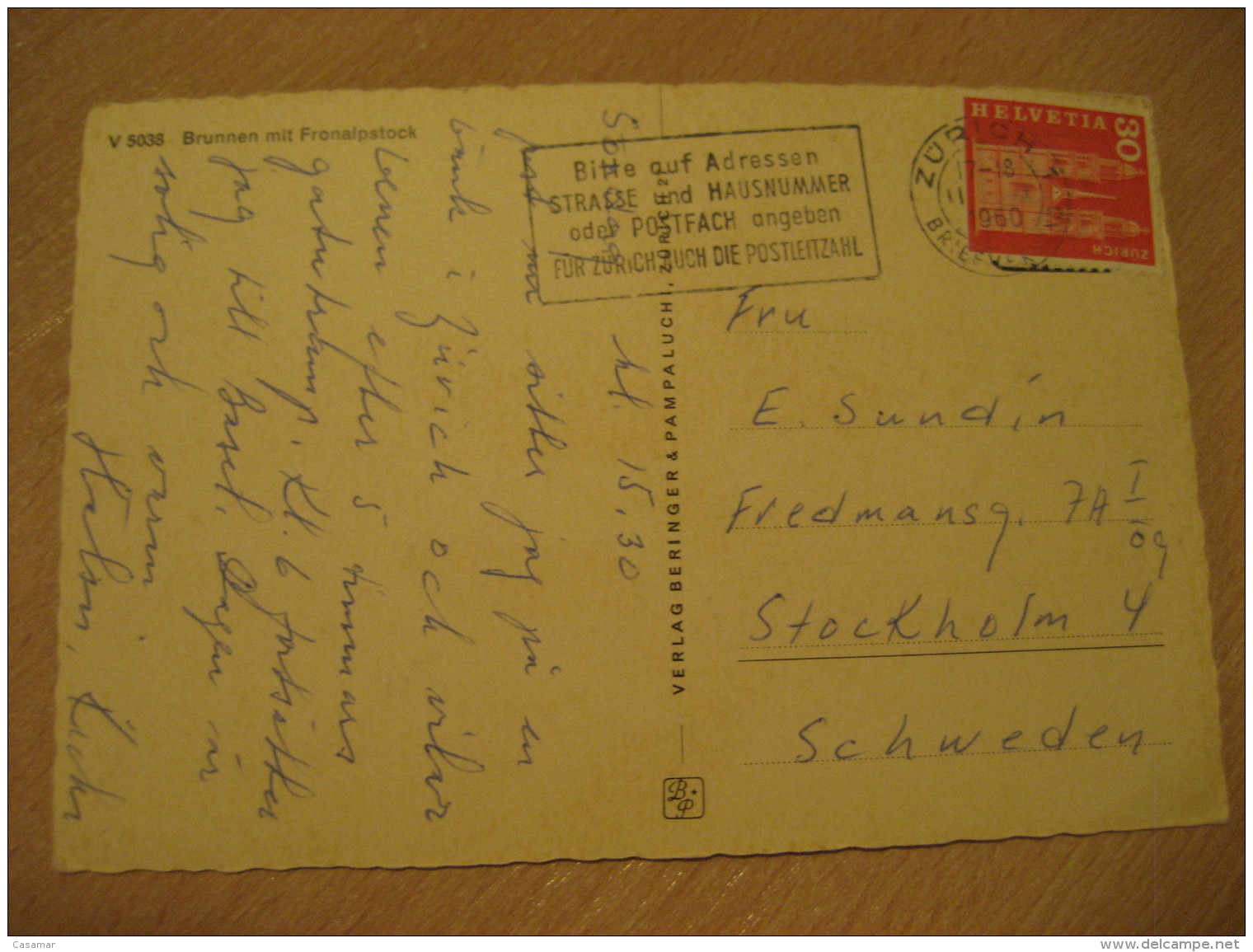 BRUNNEN Mit Fronalpstock Mountain Mountains Zurich 1960 To Stockholm Sweden Post Card SCHWYZ Switzerland - Other & Unclassified