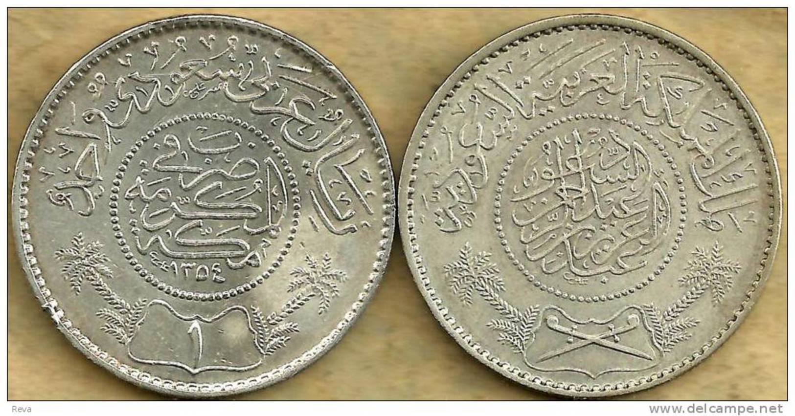 SAUDI ARABIA 1 RIYAL ARABIC WRITING FRONT EMBLEM BACK 1354-1935 VF AG SILVER KM18 READ DESCRIPTION CAREFULLY !!! - Arabie Saoudite