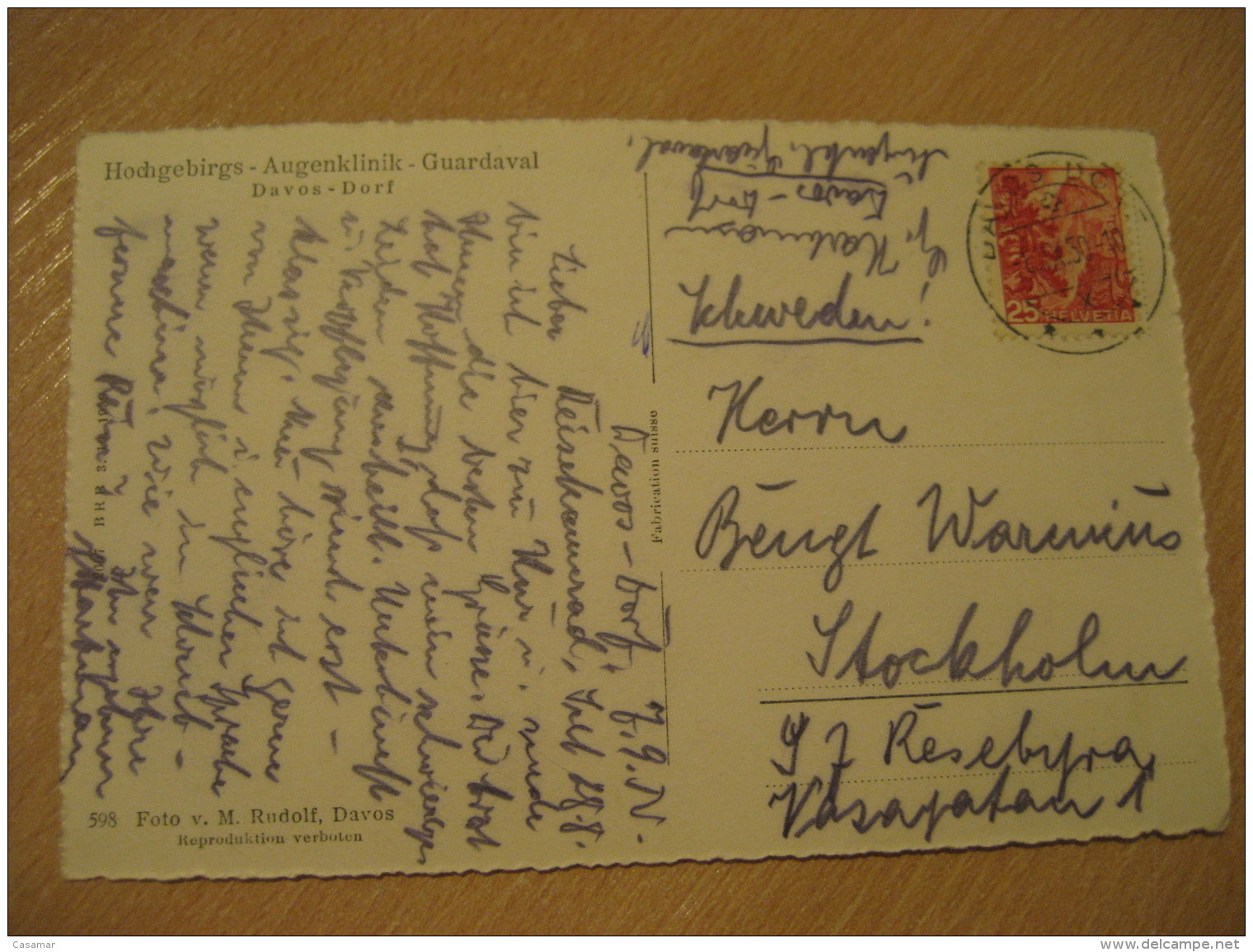 DAVOS Hochgebirgs Augenklinik Clinic Guardaval Dorf 1950 To Stockholm Sweden Post Card Grisons GRAUBUNDEN Switzerland - Guarda