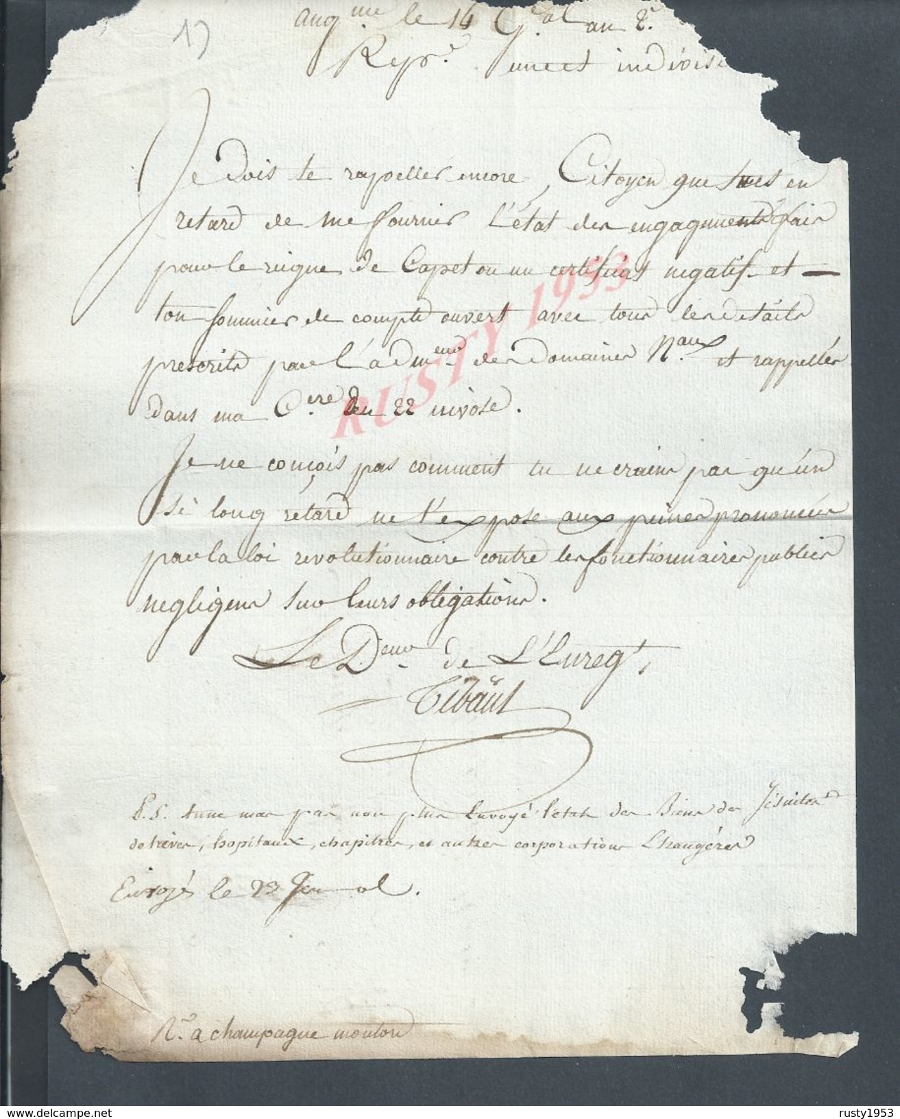 ANCINNE LETTRE DU CITOYEN BOUYER AMGOULEME À CHAMPAGNE MOUTON LIRE : - Manuscripts