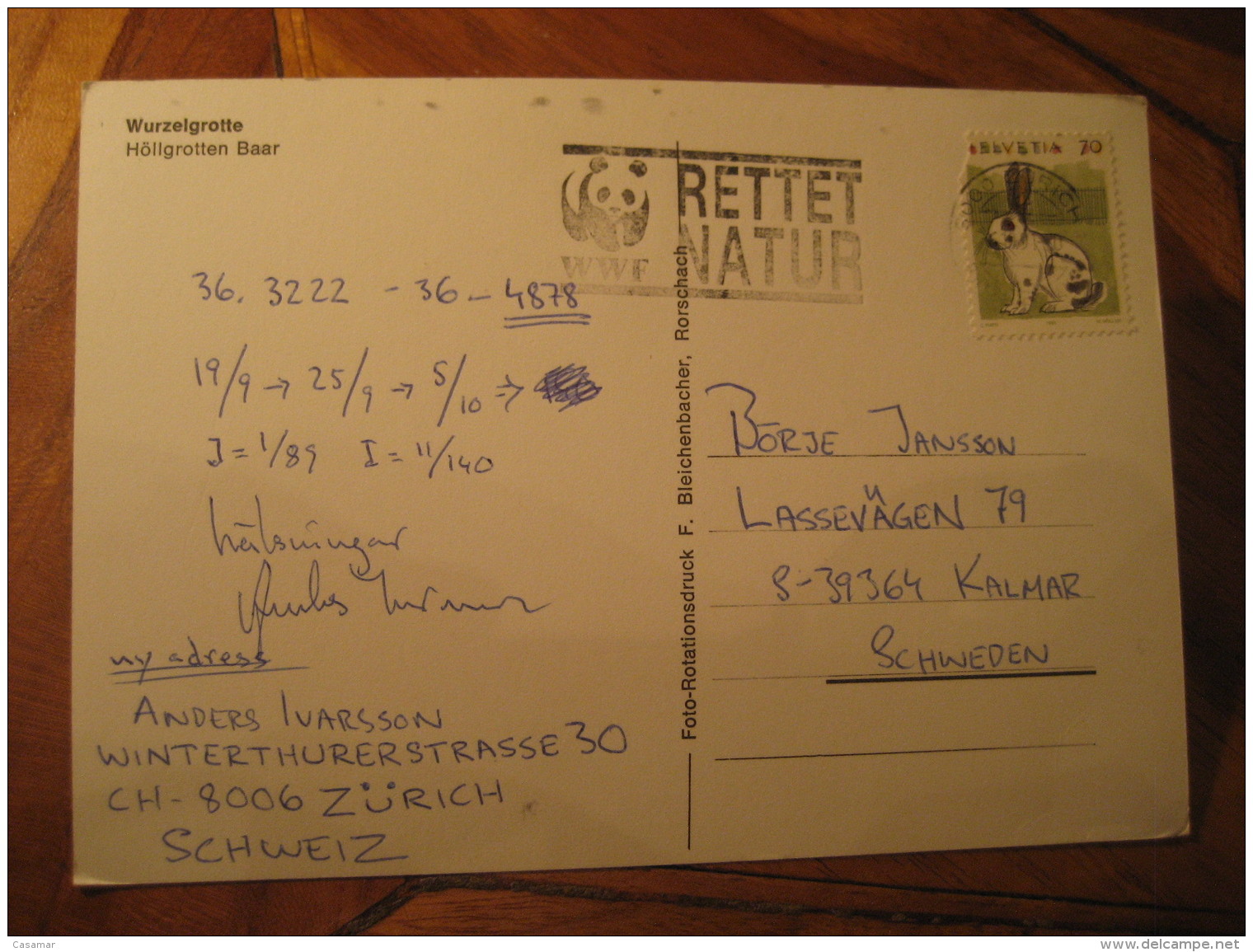 WURZELGROTTE Hollgrotten Baar Grotto Cave Caving  ZURICH 1991 WWF Panda Bear Cancel To Sweden Post Card ZUG Switzerland - Baar