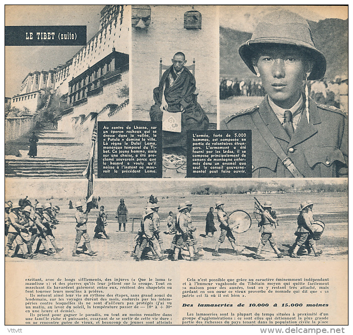 1950 : Document, LE TIBET (4 Pages Illustrées) Monastères, Moine, Col De Jetrin, Lhassa, Le Dalaï Lama, Armée, Le Potala - Non Classés