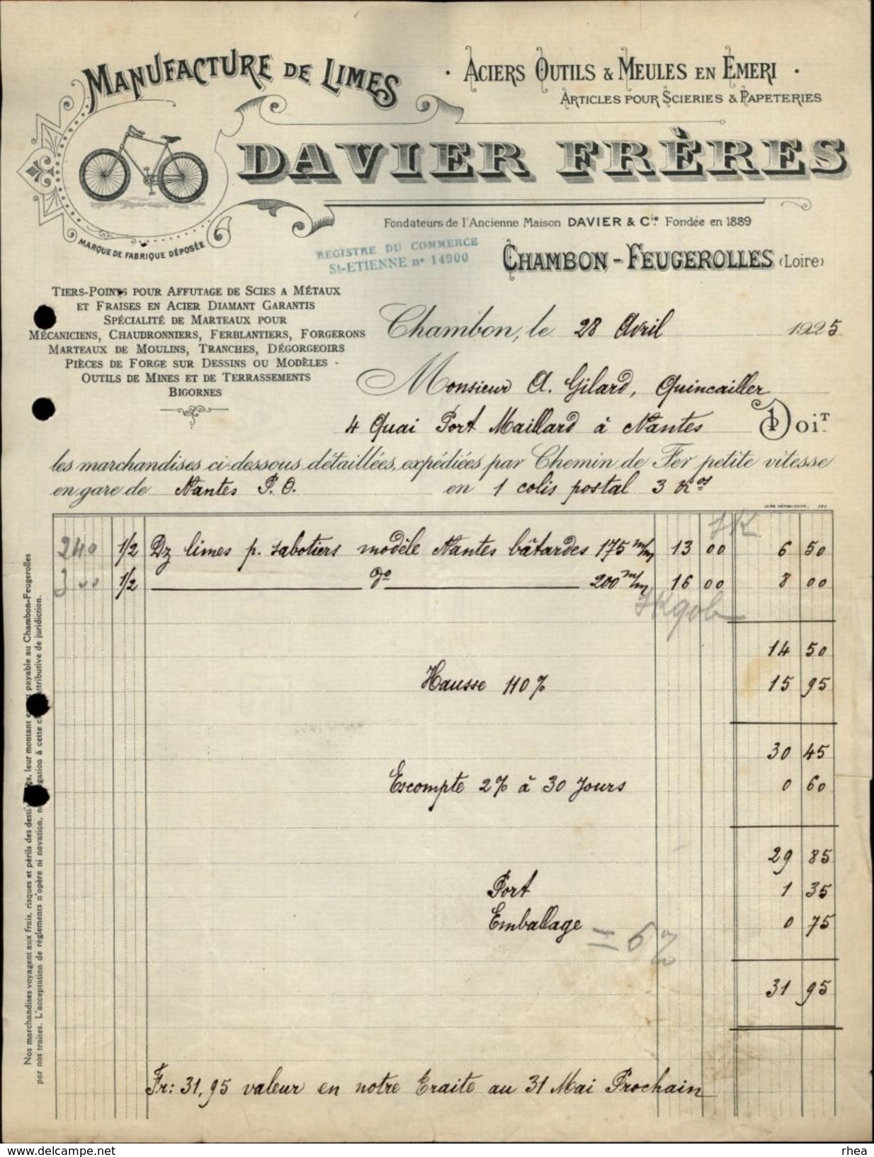 42 - CHAMBON-FEUGEROLLES - FACTURE - Manufacture De Limes - Davier Frères - 1925 - Autres & Non Classés