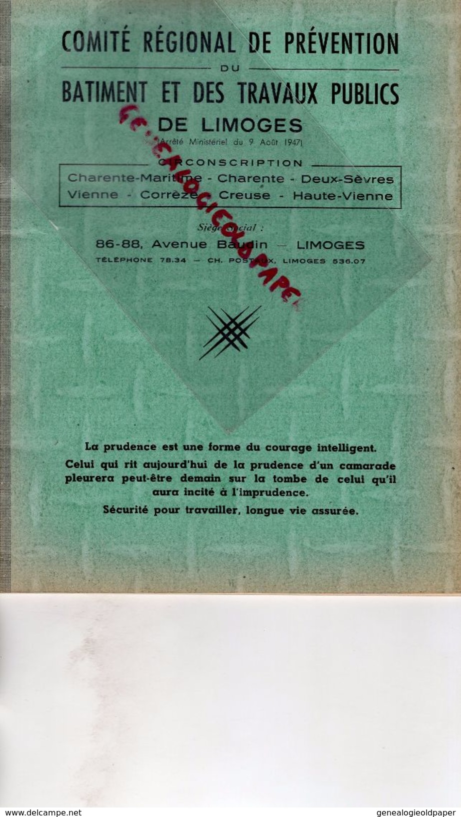 87- LIMOGES- CAHIER COMITE REGIONAL PREVENTION DU BATIMENT ET TRAVAUX PUBLICS-86 AV. BAUDIN - BTP - E