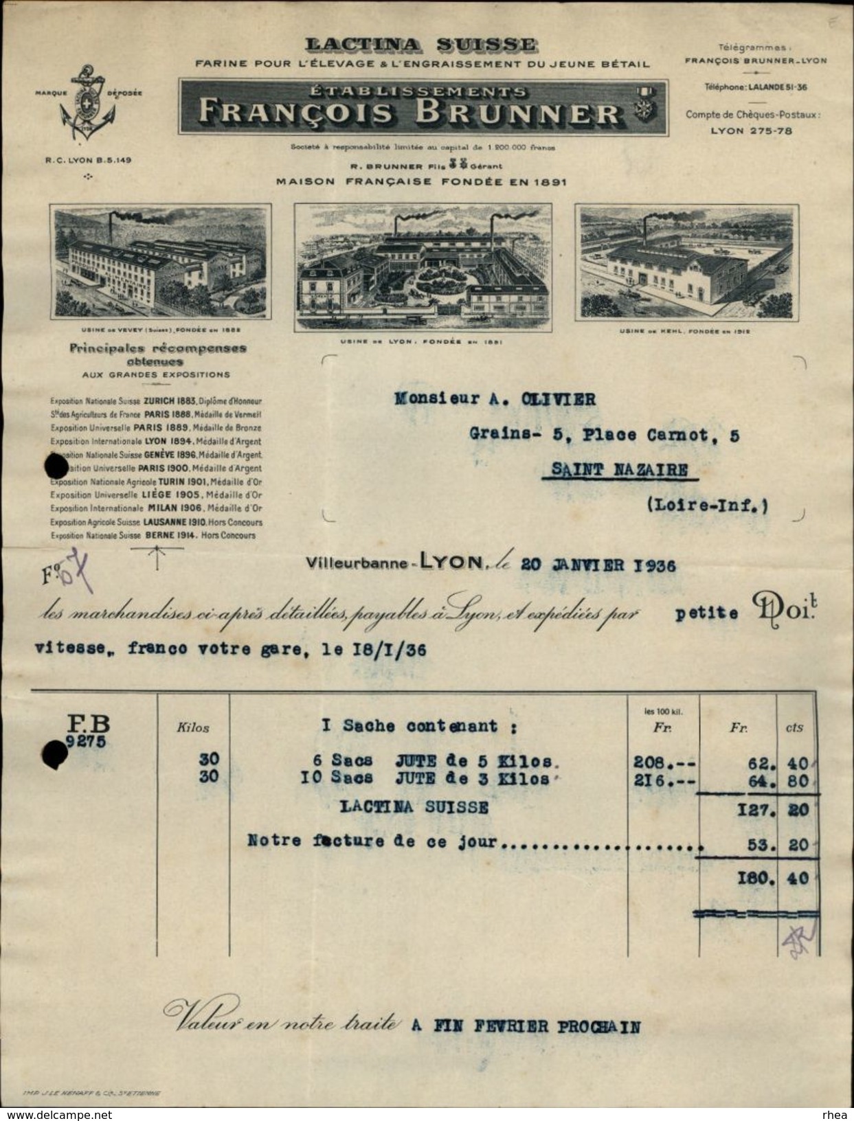 69 - VILLEUBANNE - LYON - Facture - Facture Pour L'élevage Et L'engraissement Du Bétail - Lactina Suisse - Agriculture