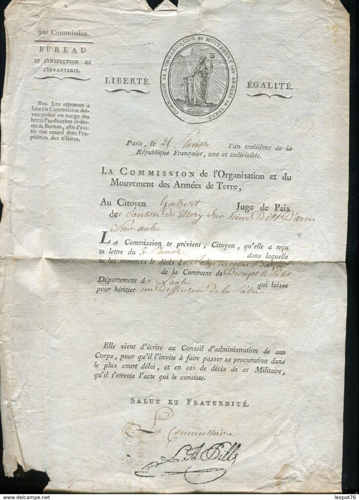 France - Lettre Avec Texte Administratif De Paris Pour Mery Sur Seine En 1795 , Griffe Com. Armées De Terre - Ref N 123 - 1801-1848: Precursors XIX