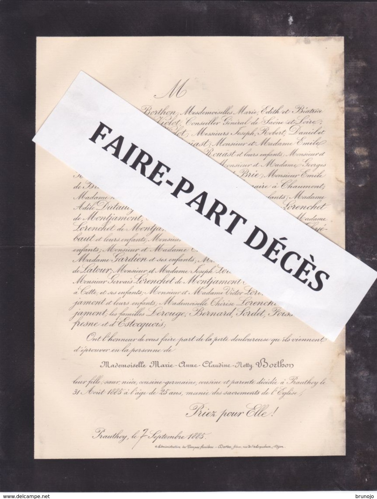 Faire-part Décès Mlle Marie Anne Claudine Netty BORTHON, Prauthoy, 1885 - Obituary Notices
