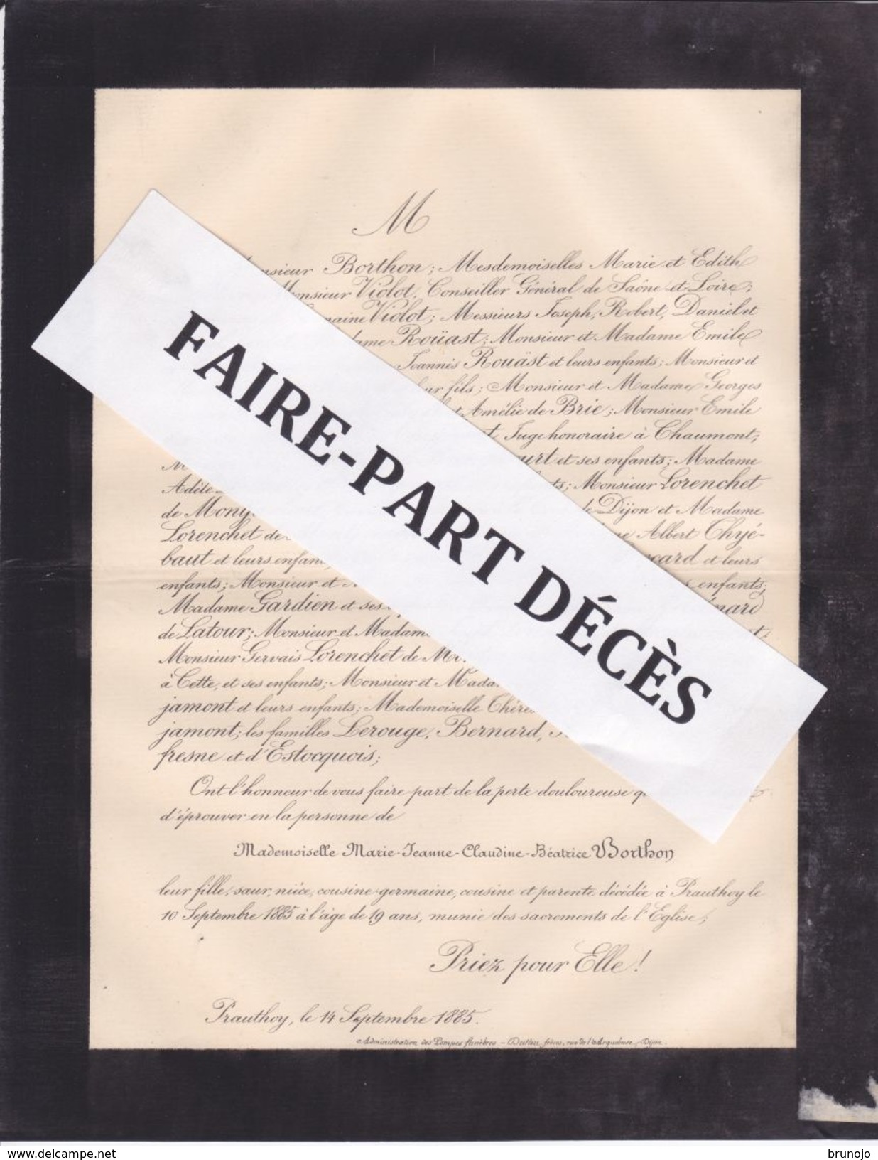 Faire-part Décès Mlle Marie Jeanne Claudine Béatrice BORTHON, Prauthoy, 1885 - Obituary Notices