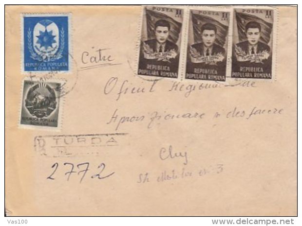 REPUBLIC COAT OF ARMS, MEDAL, FILIMON SARBU, STAMPS ON REGISTERED COVER, 1961, ROMANIA - Covers & Documents