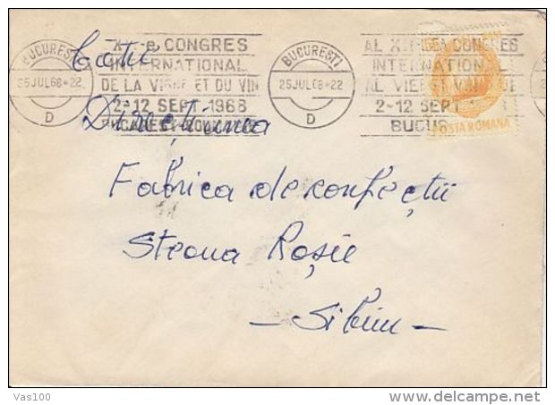 REPUBLIC COAT OF ARMS, WINE CONGRESS SPECIAL POSTMARKS, STAMPS ON COVER, 1968, ROMANIA - Storia Postale