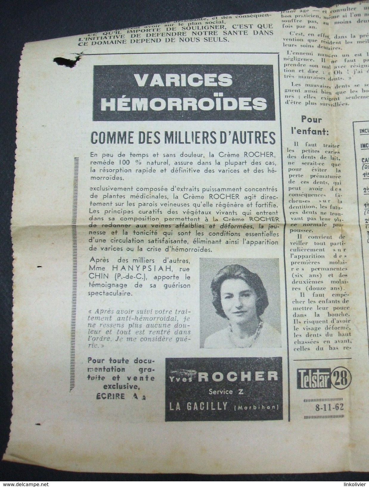 Ancienne Publicité YVES ROCHER Tirée Du Journal TELSTAR Du 8 Novembre 1962 - Publicidad