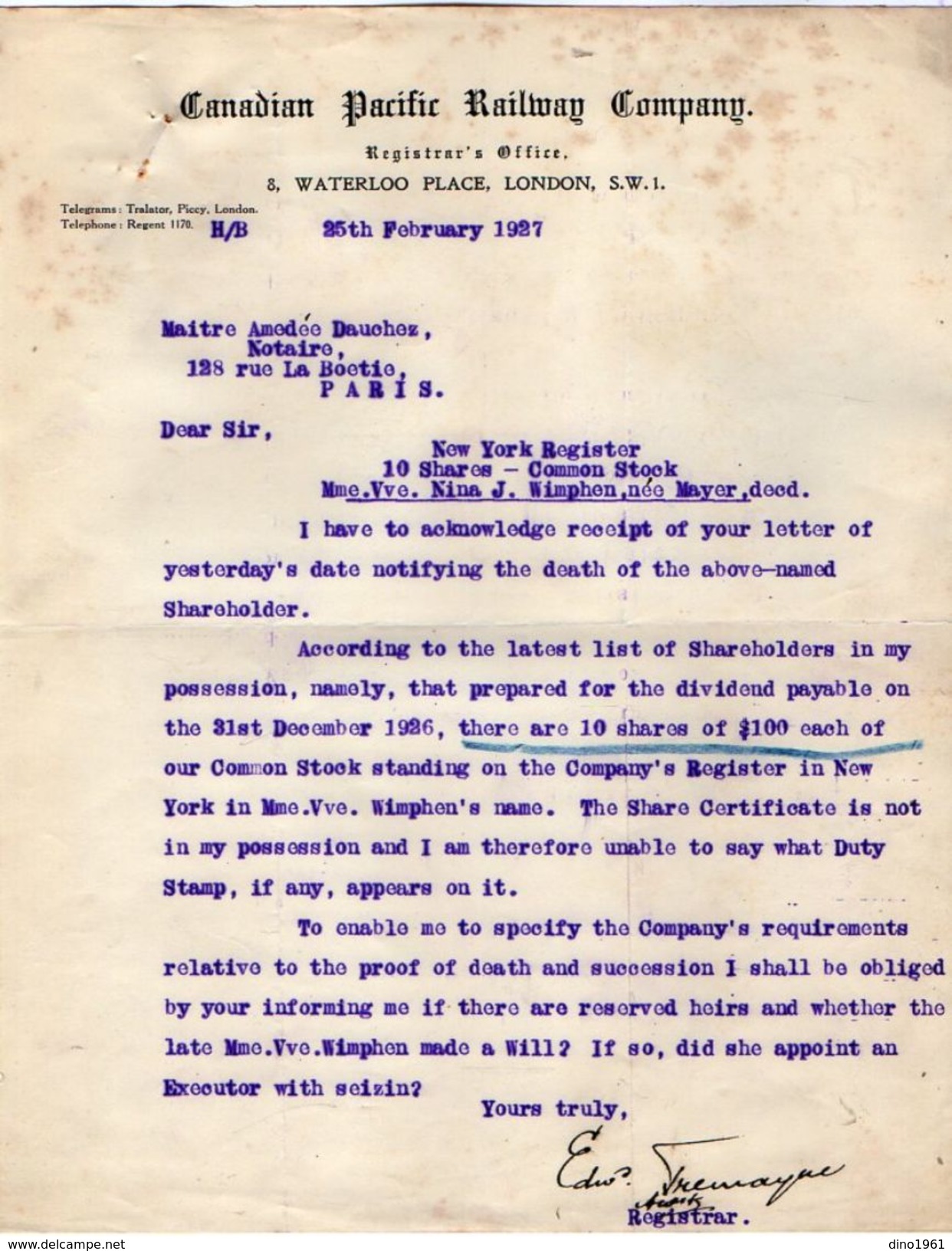 VP11.367 - Letter - Lettre De La Cie Canadian Pacific Railway Company à LONDON ( Londres ) - Regno Unito