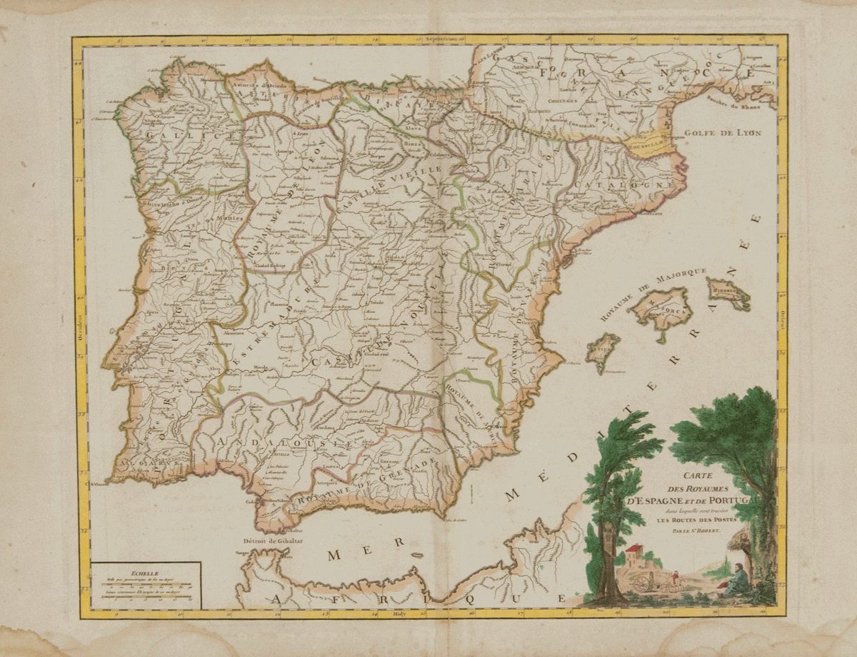 Bibliografía. 1757 Mapa De Rutas Postales LES ROUTES DES POSTES D'ESPAGNE ET DE PORTUGAL. París, 1757. Robert De Vaugond - Other & Unclassified