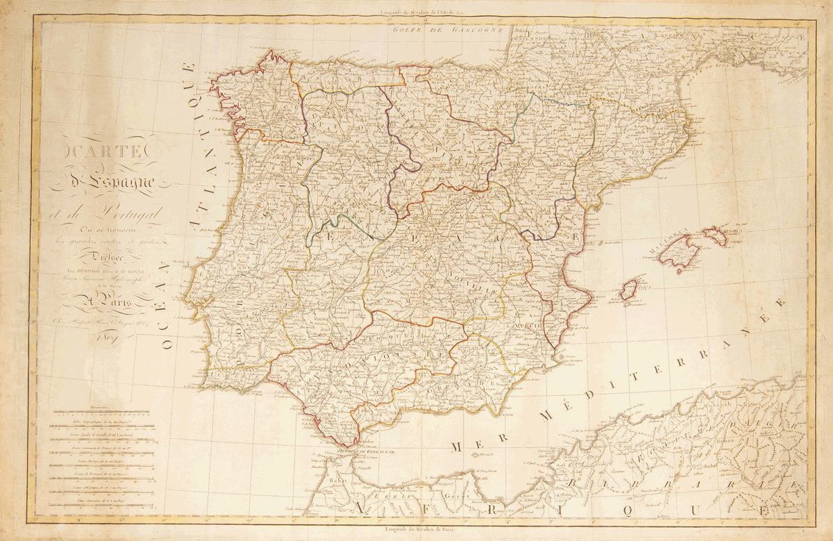 Bibliografía. 1809 CARTE D'ESPAGNE ET DE PORTUGAL OU SE TROUVEN LES GRANDES ROUTES DE POSTES. Hérisson. París, 1809. Gra - Autres & Non Classés