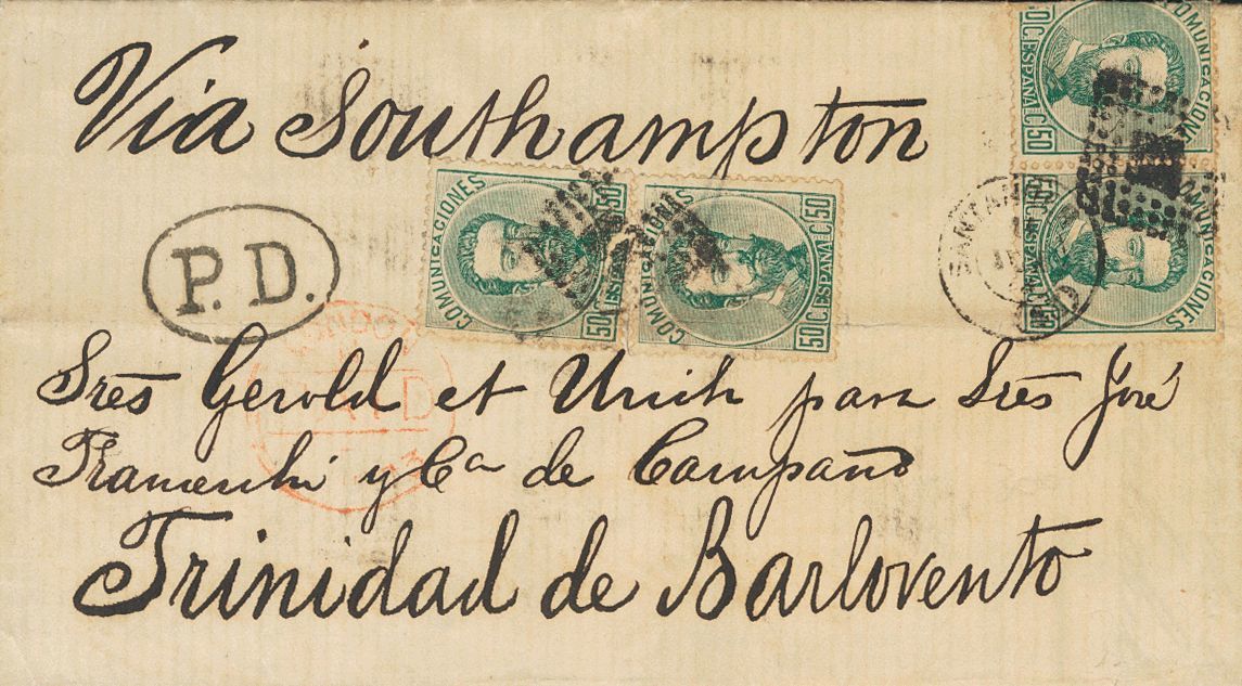 1º Y 2º Centenario. Sobre 126(4) 1873 50 Cts Verde, Cuatro Sellos (un Sello Parcialmente Adherido Al Dorso). SANTANDER A - Sonstige & Ohne Zuordnung