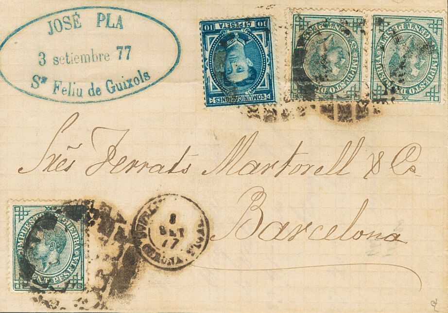 1º Y 2º Centenario. Sobre 175, 183(3) 1877 10 Cts Azul Y 5 Cts Verde, Tres Sellos. SAN FELIU DE GUIXOLS A BARCELONA. MAG - Sonstige & Ohne Zuordnung