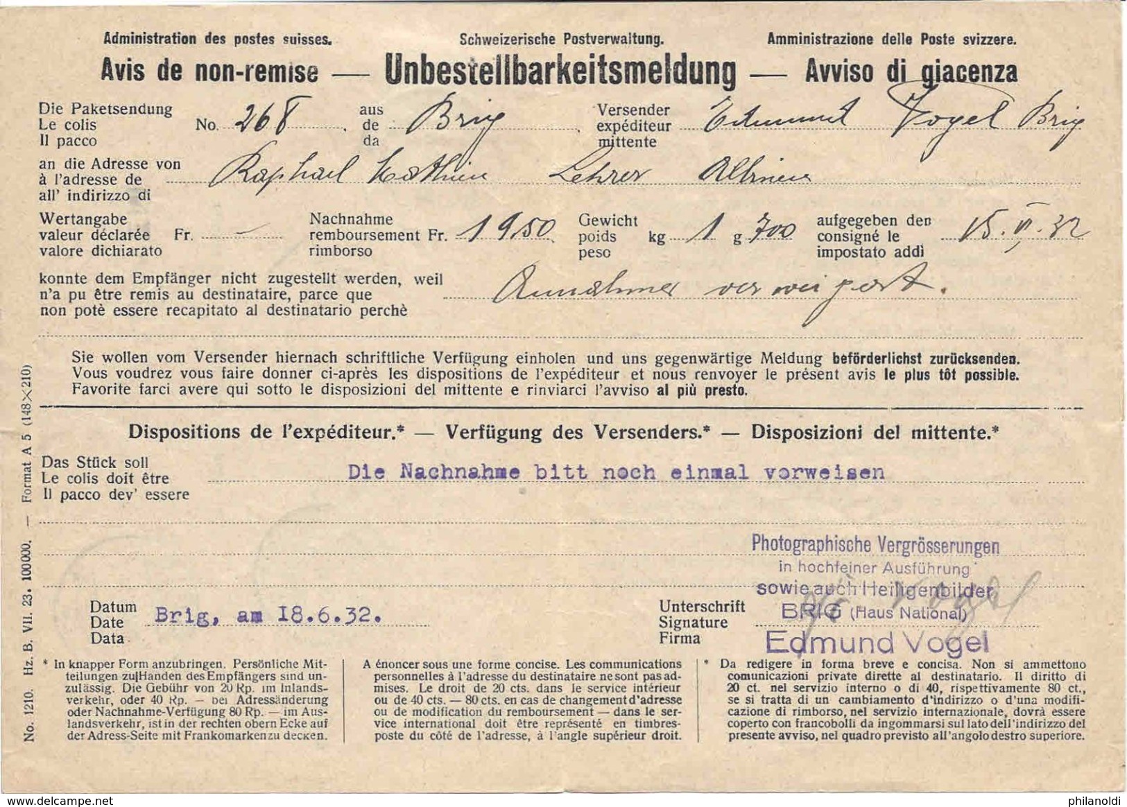 SUISSE 1932 BRIG VS Formulaire Officiel Timbre Désarmement, Cachet Linéaire ALBINEN WALLIS, Non Remise De Colis, Amtlich - Marcofilie