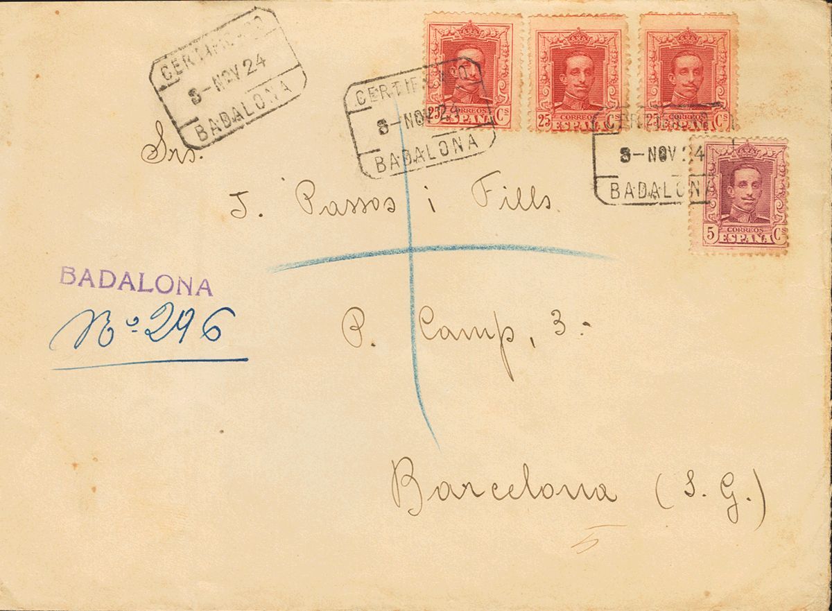 1º Y 2º Centenario. Sobre 311, 317(3) 1924 5 Cts Lila Y 25 Cts Carmín, Tres Sellos. Certificado De BADALONA A BARCELONA. - Sonstige & Ohne Zuordnung