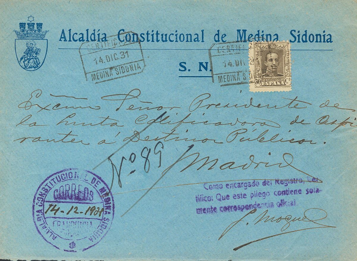 1º Y 2º Centenario. Sobre 318 1831 30 Cts Castaño. Certificado De MEDINA-SIDONIA (CADIZ) A MADRID. MAGNIFICA. - Other & Unclassified