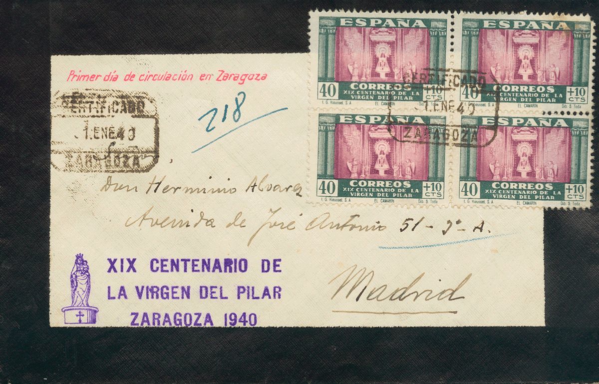 1º Y 2º Centenario. Sobre 893(4) 1940 40 Cts+10 Cts Verde Y Rosa, Bloque De Cuatro. ZARAGOZA A MADRID. Al Dorso Llegada. - Other & Unclassified