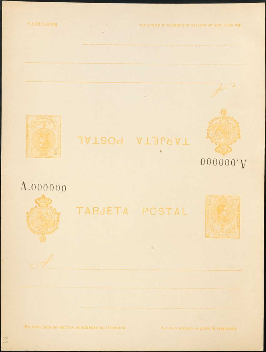 Entero Postal. (*) EPNE3 1910 10 Cts + 15 Cts Amarillo Sobre Tarjeta Entero Postal, De Ida Y Vuelta (Nº000,000). NO EMIT - Sonstige & Ohne Zuordnung