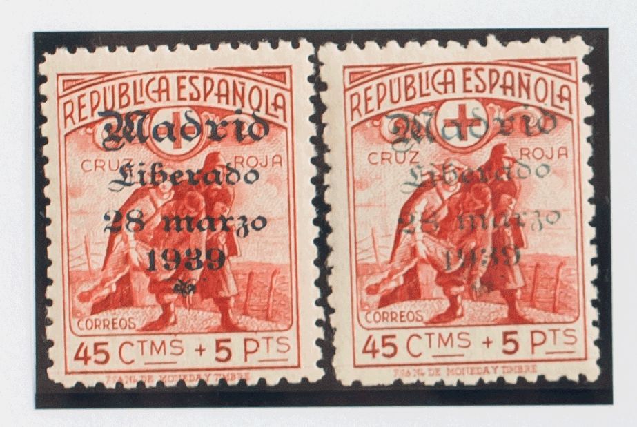 Emisiones Locales Patrióticas. Madrid. * 56/57 1939 45 Cts + 5 Pts Rojo (azul) Y 45 Cts + 5 Pts Rojo (verde). MAGNIFICOS - Nationalistische Ausgaben