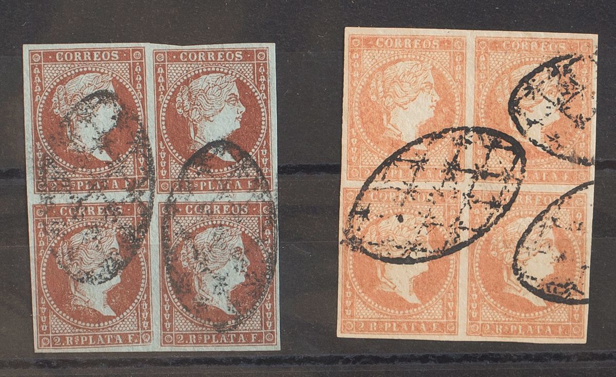 Antillas. º 3(4), 6(4) 1855 2 Reales Carmín (lazos), Bloque De Cuatro Y 2 Reales Rojo-naranja (lineas Cruzadas), Bloque  - Sonstige & Ohne Zuordnung