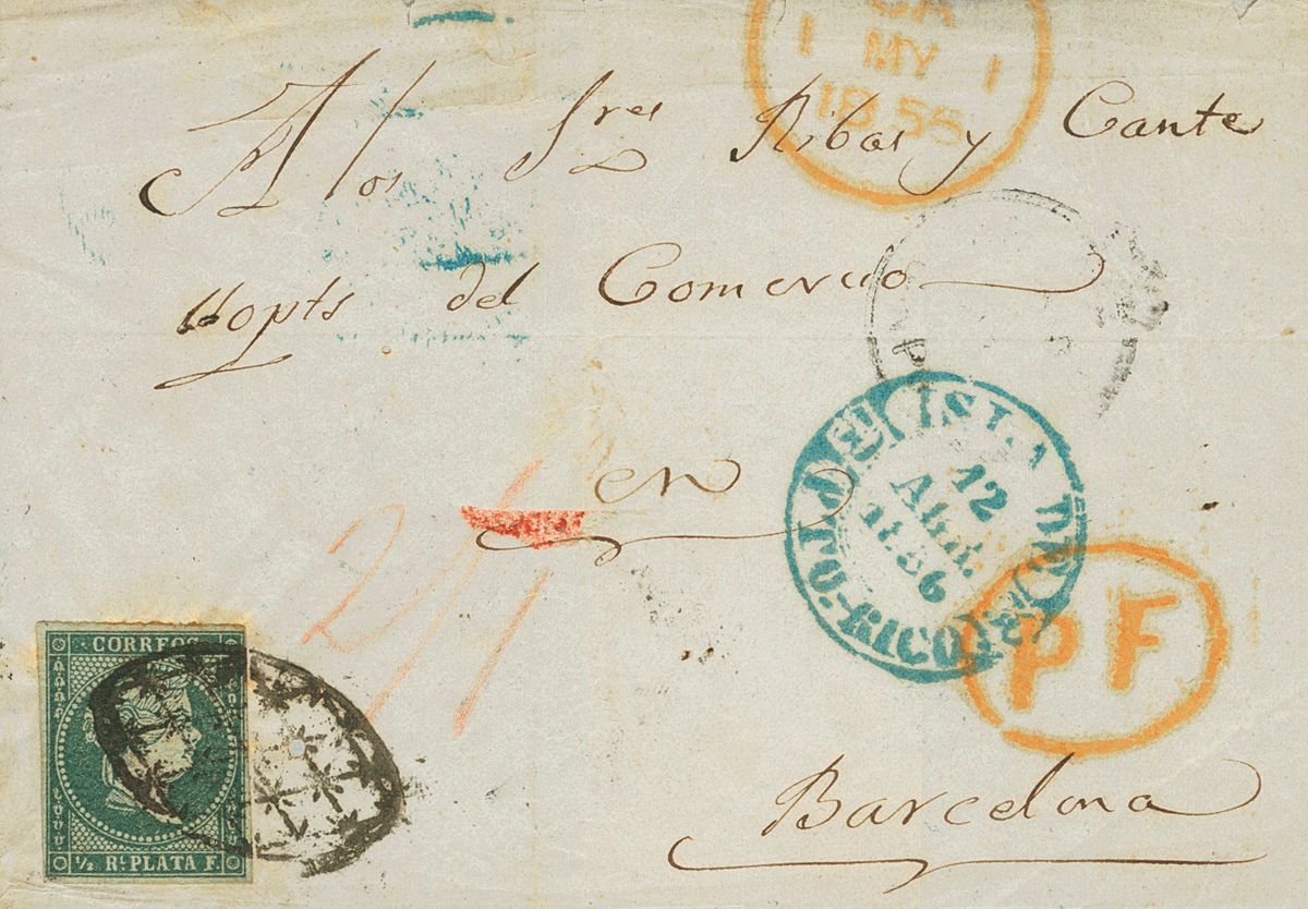 Puerto Rico. Sobre Ant.1 1856 ½ Real Azul Verdoso. Frontal De SAN JUAN A BARCELONA. En El Frente Marca PAID / AT / SAN J - Puerto Rico
